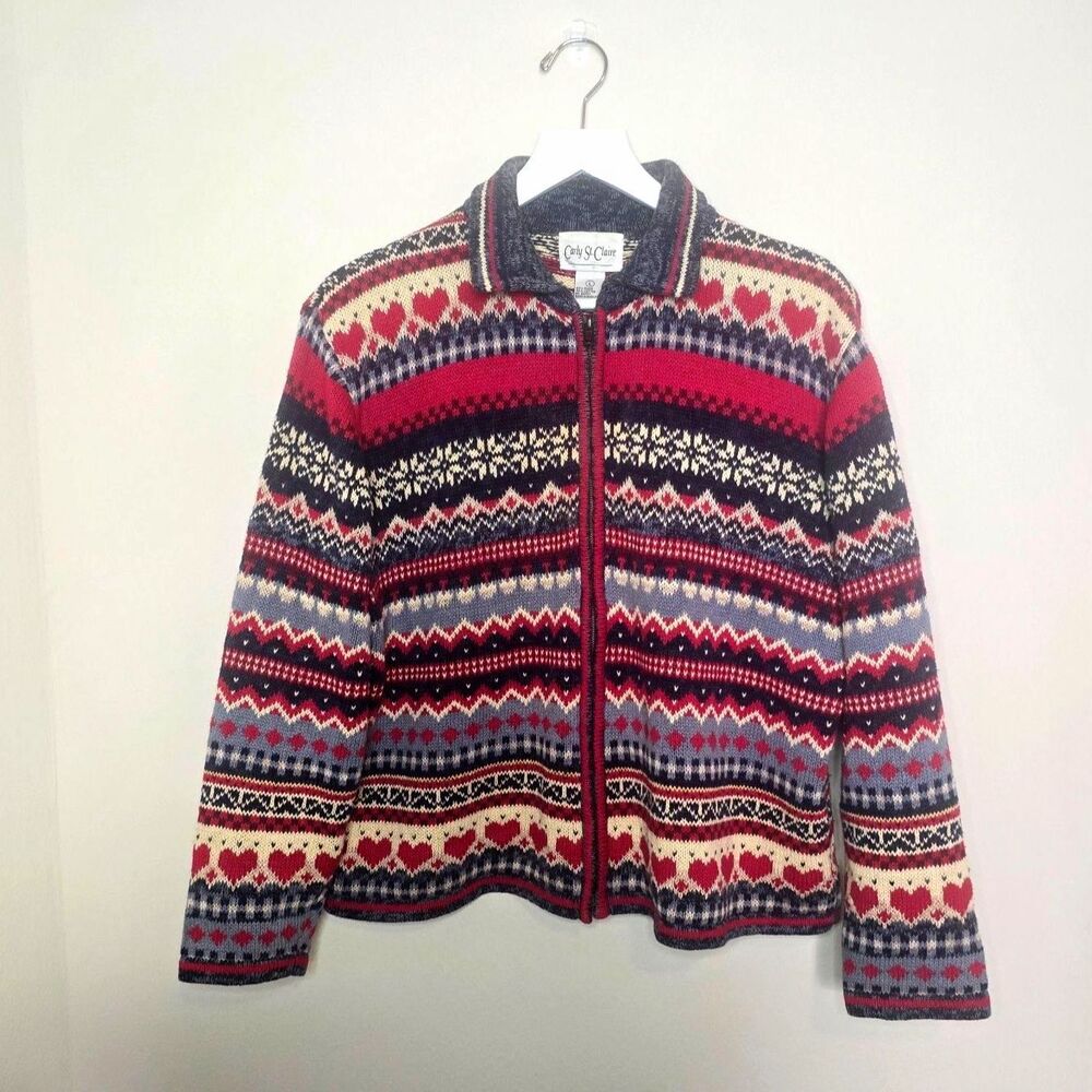 Vintage CARLY ST. CLAIRE Fair Isle Heart Full Zip Cardigan Sweater Sz L